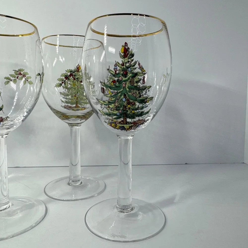 Spode Christmas Tree Wine Glasses Set of 4 Gold Rim Holiday Stemware 7.25 inch‎